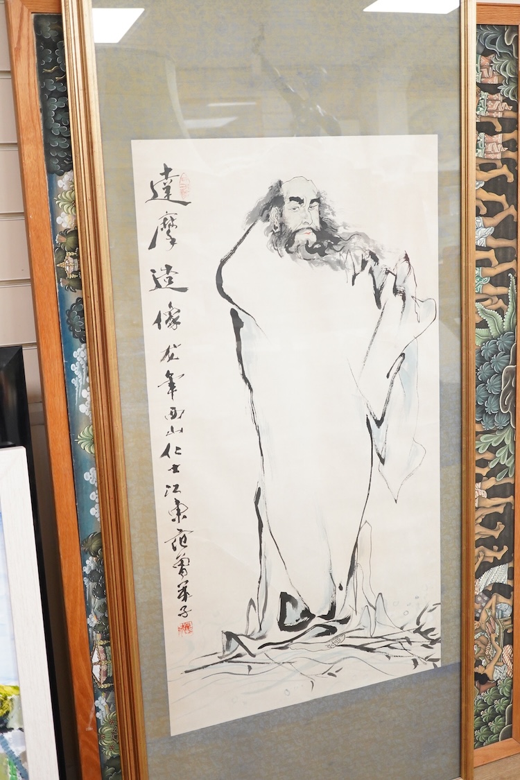 Contemporary, Japanese School, set of four figural scroll prints, with character and red seal marks, 94 x 51cm, framed